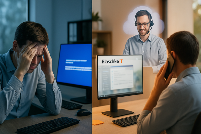 Fernsupport-Szene mit Blaschke IT Visitenkarte auf dem Tisch